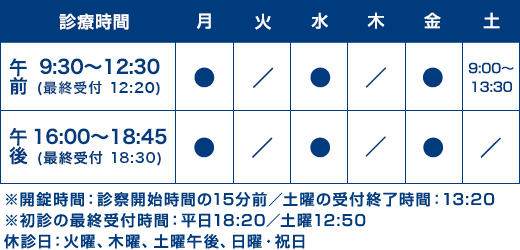 広小路通メンタルクリニック　診療時間表(2019年４月～)
